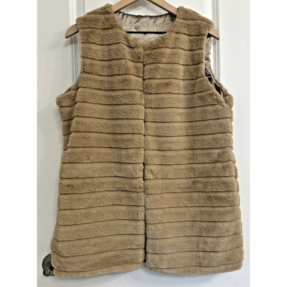 Faux Fur Women Vest Striped Long Plush See Measurements Beige Lined Pockets